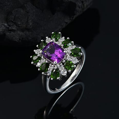 African Amethyst, Natural Chrome Diopside & White Zircon Ring in Rhodium Overlay Sterling Silver 3.71 Ct.