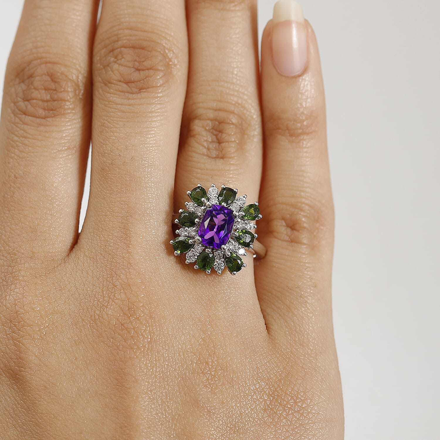 African Amethyst, Natural Chrome Diopside & White Zircon Ring in Rhodium Overlay Sterling Silver 3.71 Ct.