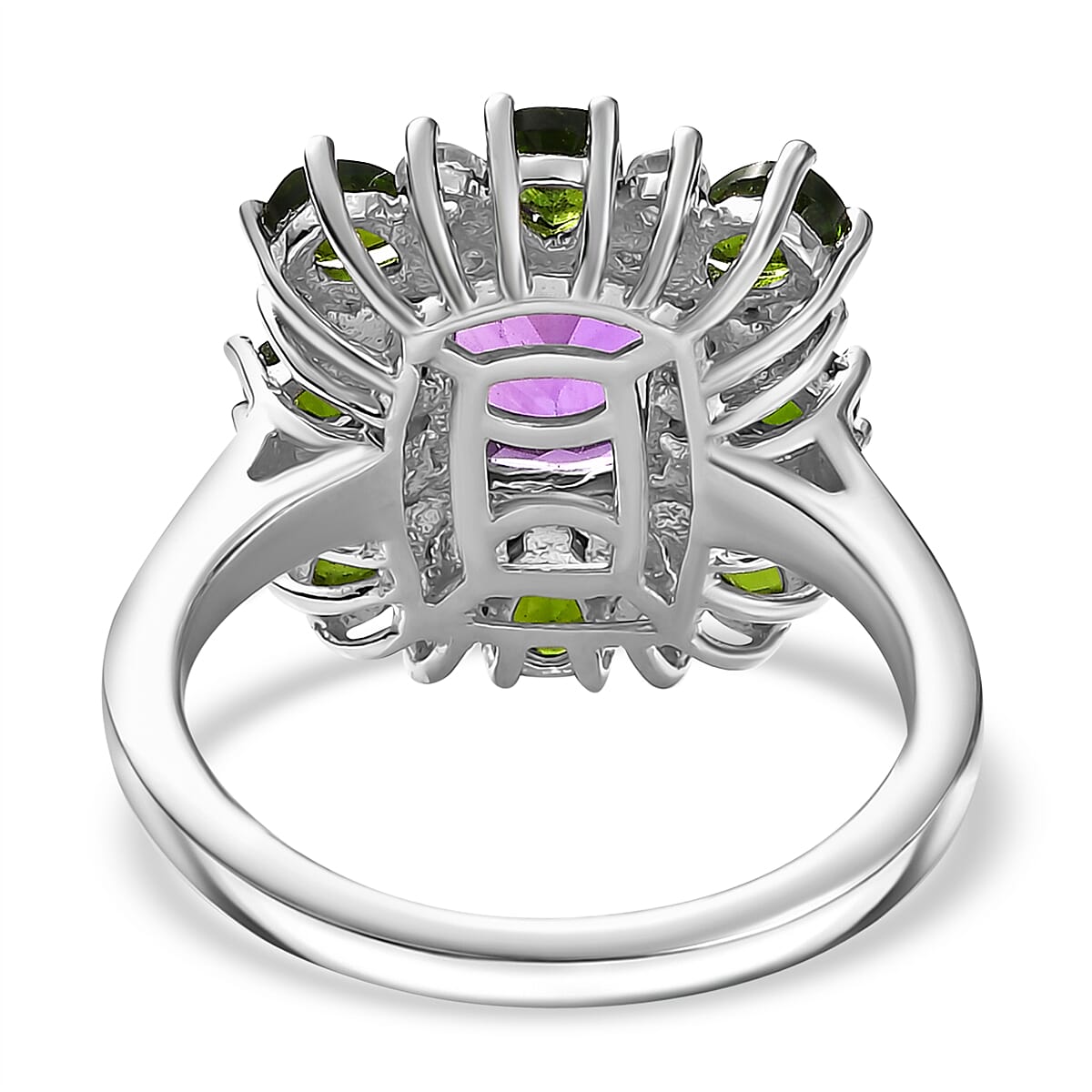African Amethyst, Natural Chrome Diopside & White Zircon Ring in Rhodium Overlay Sterling Silver 3.71 Ct.