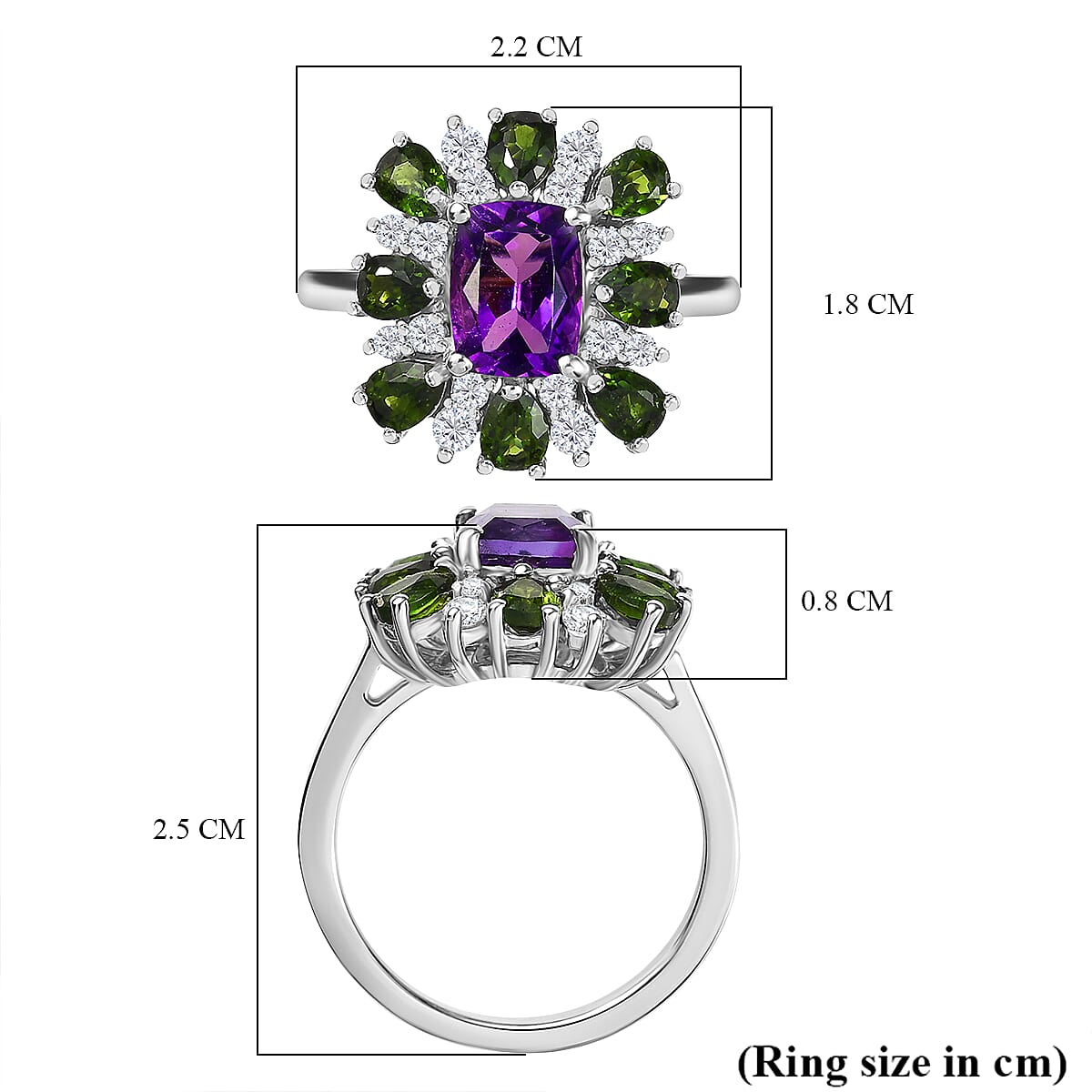 African Amethyst, Natural Chrome Diopside & White Zircon Ring in Rhodium Overlay Sterling Silver 3.71 Ct.