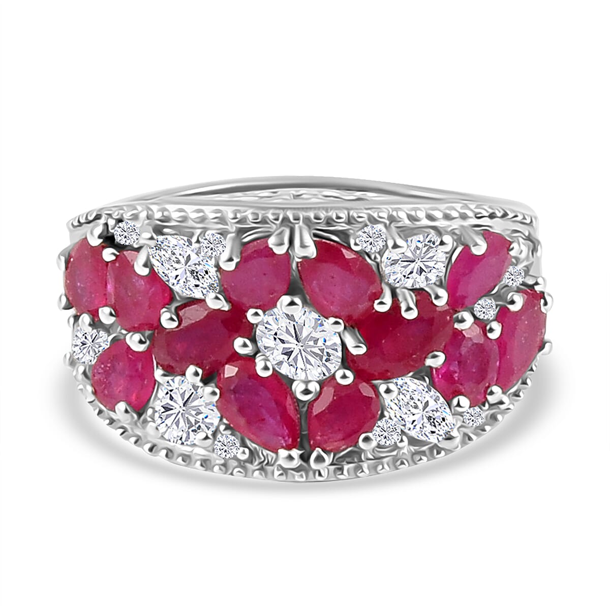 African Ruby & White Zircon Cluster Ring in Rhodium Overlay Sterling Silver 4.42 Ct.