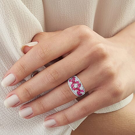 African Ruby & White Zircon Cluster Ring in Rhodium Overlay Sterling Silver 4.42 Ct.