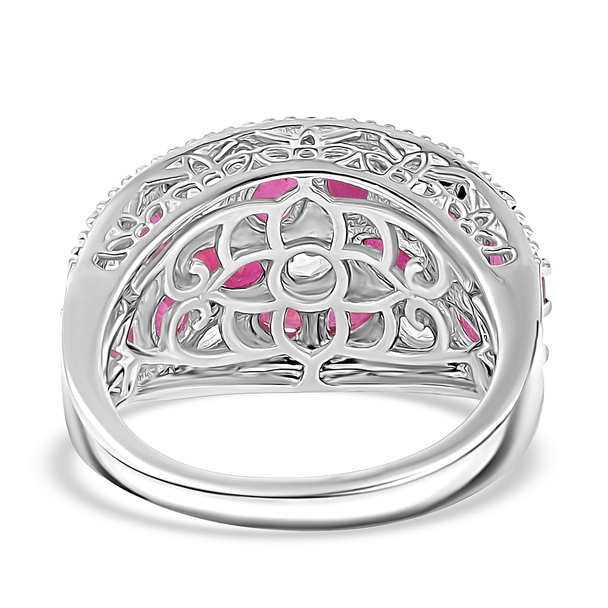 African Ruby & White Zircon Cluster Ring in Rhodium Overlay Sterling Silver 4.42 Ct.