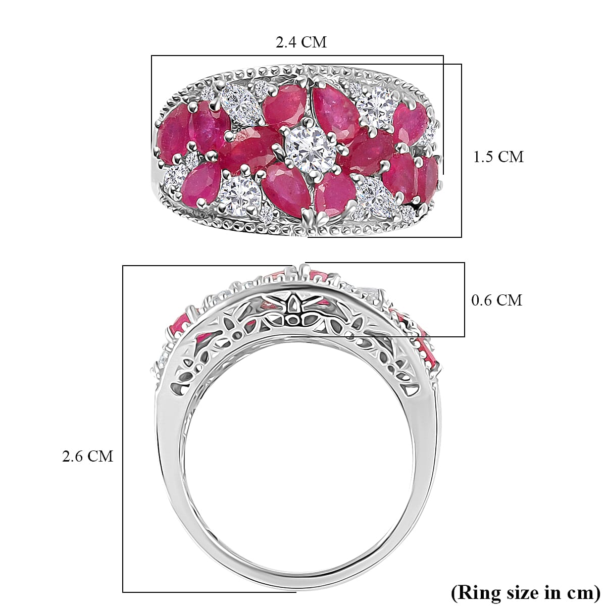 African Ruby & White Zircon Cluster Ring in Rhodium Overlay Sterling Silver 4.42 Ct.