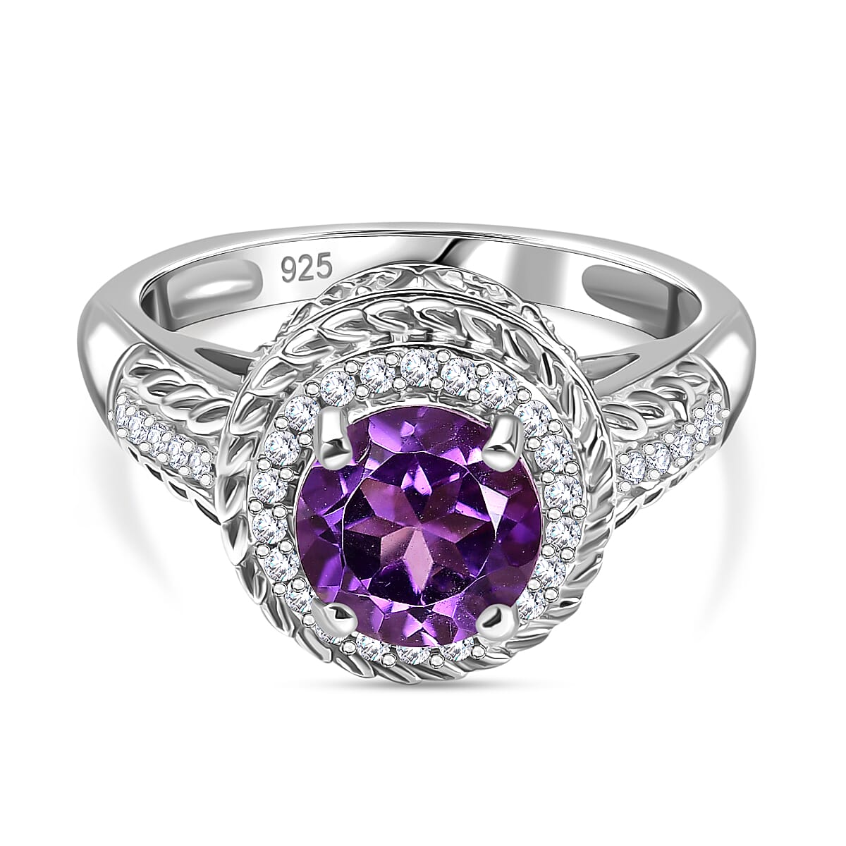 African Amethyst & White Zircon Ring in Rhodium Overlay Sterling Silver 2.41 Ct.