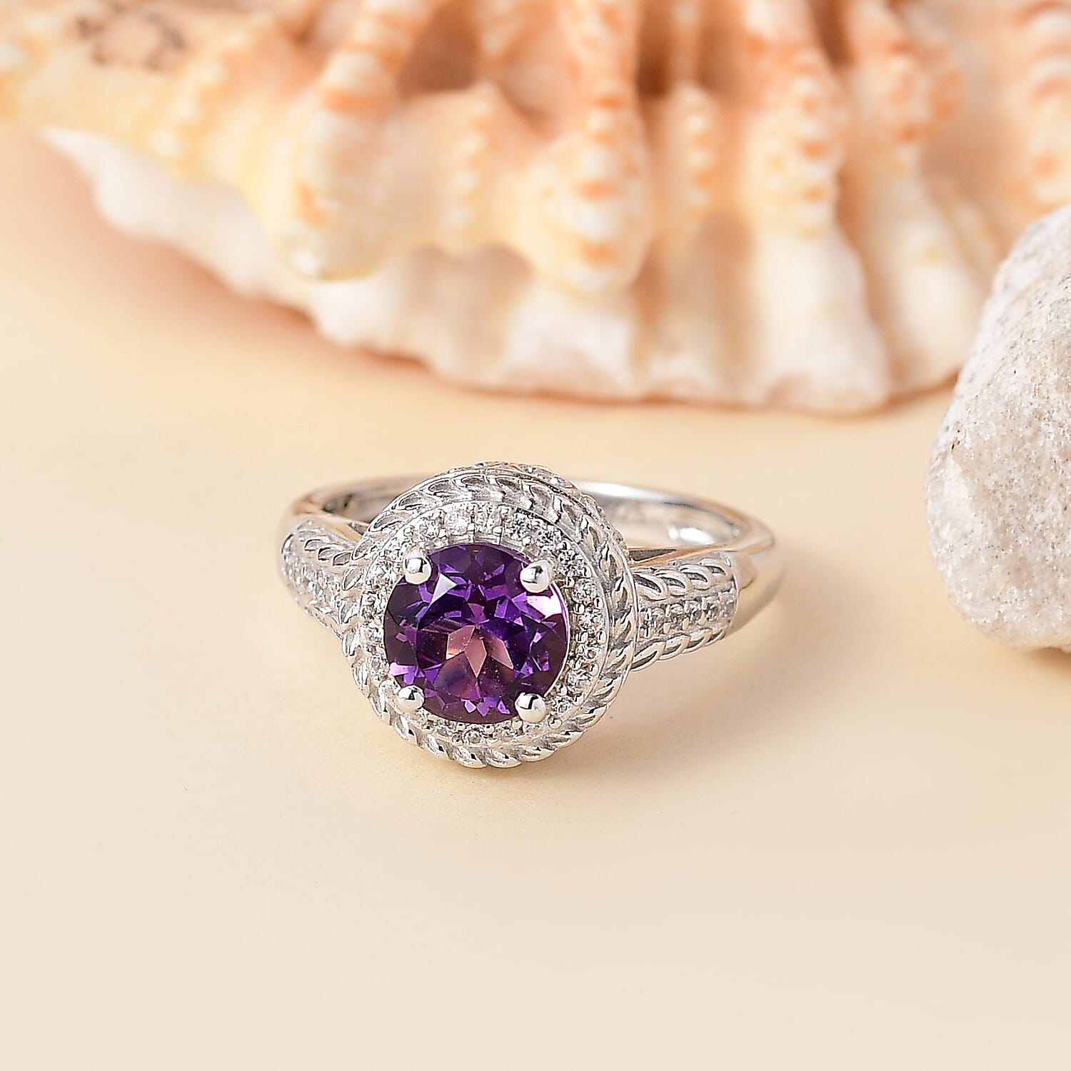 African Amethyst & White Zircon Ring in Rhodium Overlay Sterling Silver 2.41 Ct.