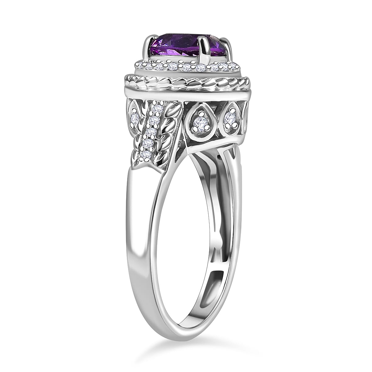African Amethyst & White Zircon Ring in Rhodium Overlay Sterling Silver 2.41 Ct.