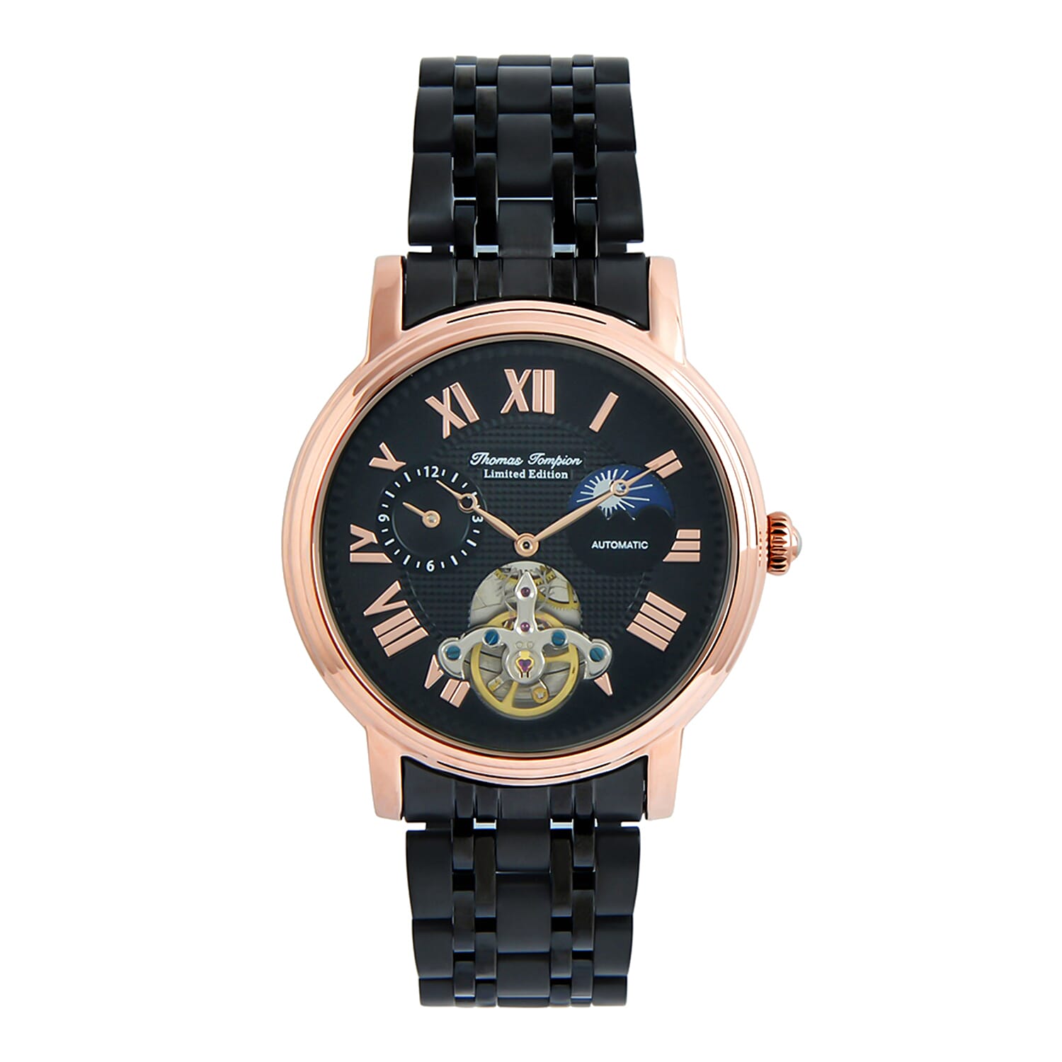 Thomas Tompion Automatic Movt. 3ATM Water Resistance Black Dial Mens Watch with Black Stainless Steel Strap