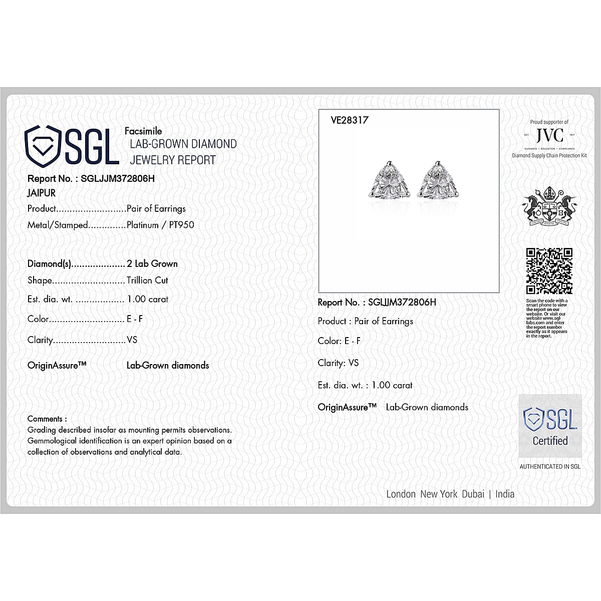 Luxuriant Diamond 950 Platinum SGL Certified Lab Grown Diamond (VS-E-F) Solitaire Stud Earrings with Screw Back 1.02 Ct. Luxuriant Diamond 950 Platinum SGL Certified Lab Grown Diamond (VS-E-F) Solitaire Stud Earrings with Screw Back 1.02 Ct.