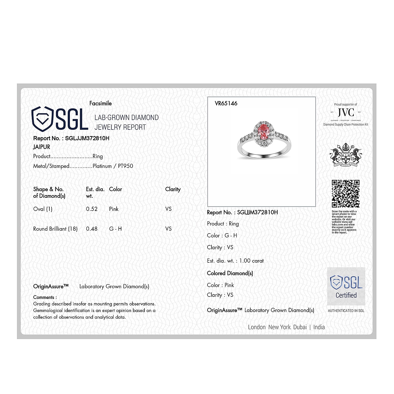 Luxuriant 950 Platinum SGL Certified Lab Grown Pink & (VS-GH) Lab Grown Diamond Ring 1.00 Ct.