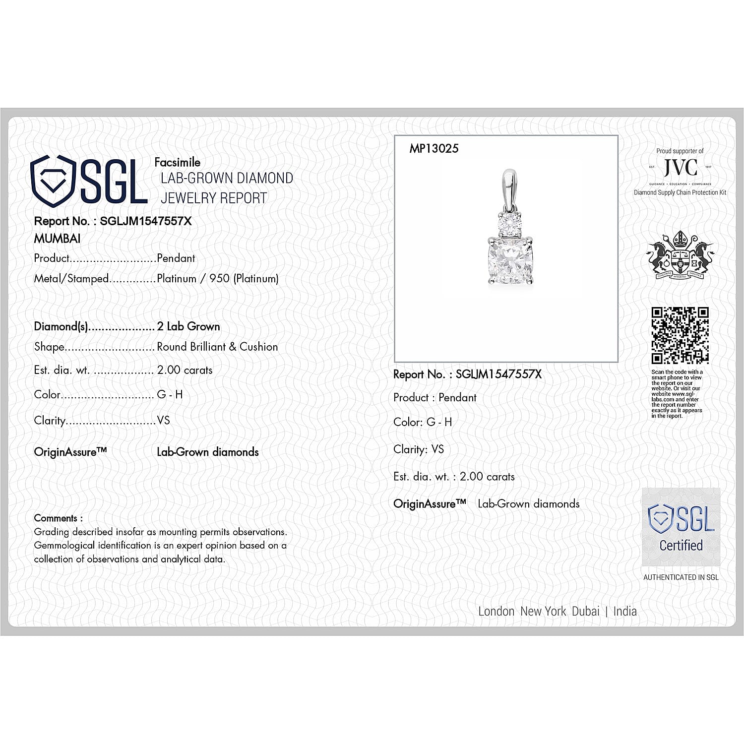 Luxuriant 950 Platinum SGL Certified (VS-GH) Lab Grown Diamond Pendant 2.00 Ct.
