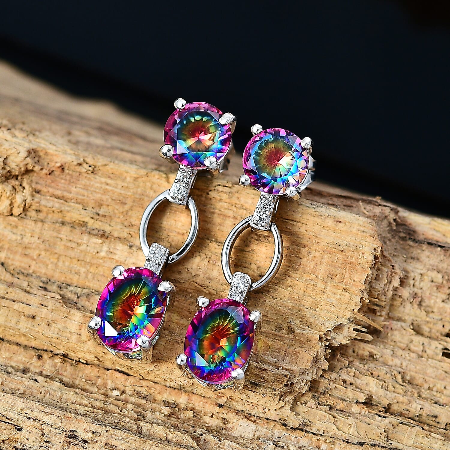 Galaxy Glow Nebula Quartz & White Zircon Dangling Earrings in Rhodium Overlay Sterling Silver 4.63 Ct.