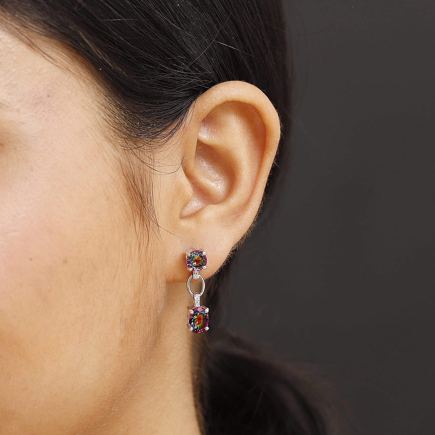 Galaxy Glow Nebula Quartz & White Zircon Dangling Earrings in Rhodium Overlay Sterling Silver 4.63 Ct.