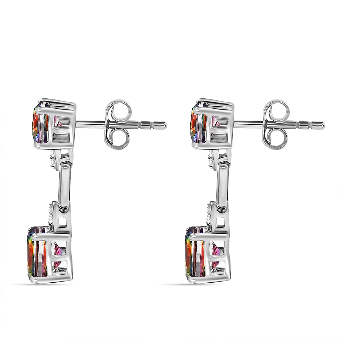 Galaxy Glow Nebula Quartz & White Zircon Dangling Earrings in Rhodium Overlay Sterling Silver 4.63 Ct.