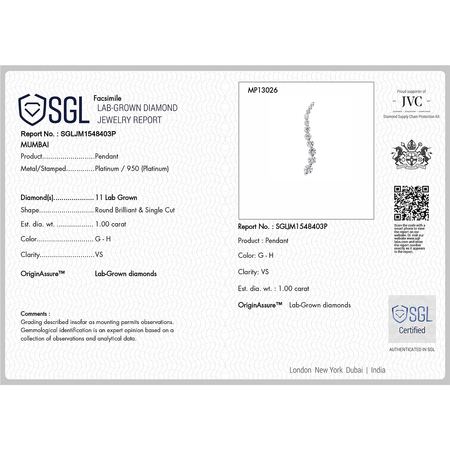 Luxuriant Diamond 950 Platinum SGL Certified (VS-G-H) Lab Grown Diamond Journey of Life Pendant 1.00 Ct.