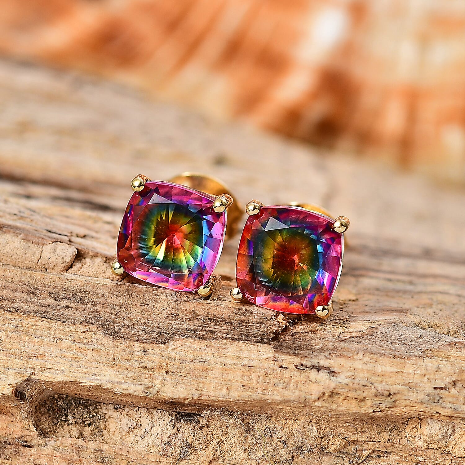 Nebula Quartz Doublet Cushion Push Back Earrings in 18K Vermeil Yellow Gold Plated Sterling Silver 3.16 Ct.