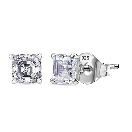 Moissanite Asscher Cut Solitaire Stud Push Post Earring in Rhodium Overlay Sterling Silver 1.38 Ct.
