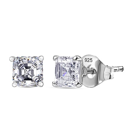 Moissanite Asscher Cut Solitaire Stud Push Post Earring in Rhodium Overlay Sterling Silver 1.38 Ct. Moissanite Asscher Cut Solitaire Stud Push Post Earring in Rhodium Overlay Sterling Silver 1.38 Ct.