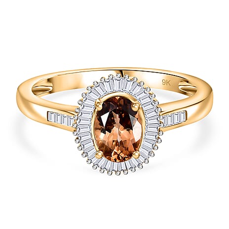 9K Yellow Gold Calabar Imperial Tourmaline & White Diamond Halo Ring 1.08 Ct.