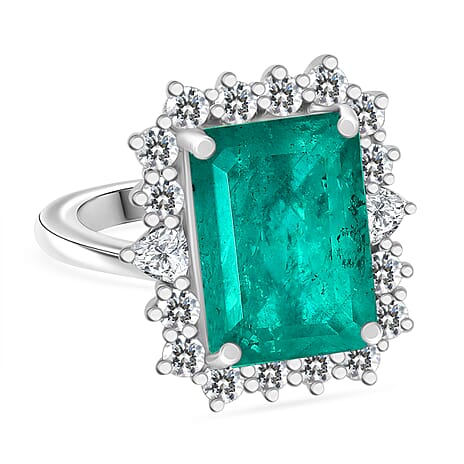 Emeraldine Triplet Quartz & White Zircon Solitaire Ring in Rhodium Overlay Sterling Silver 10.42 Ct.