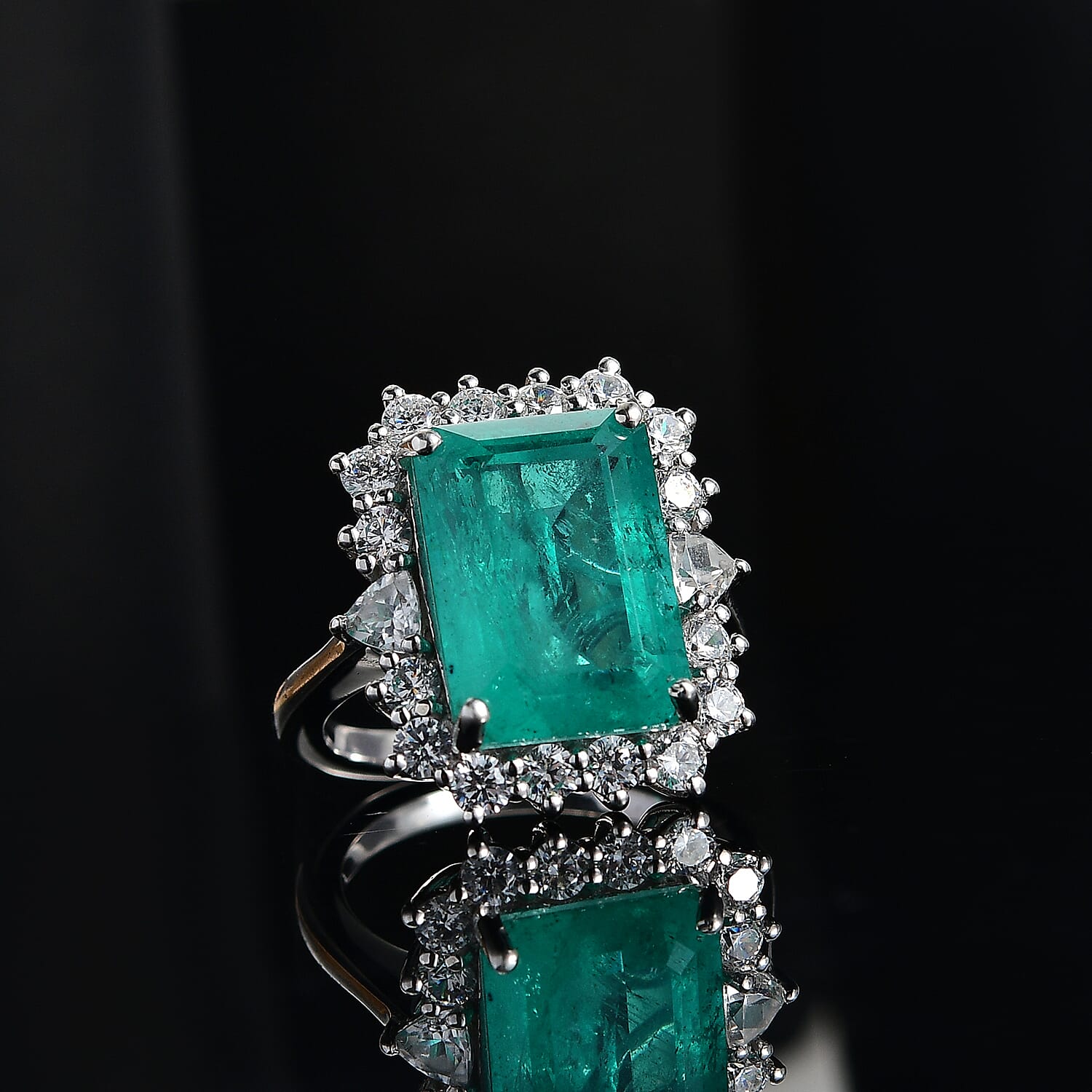 Emeraldine Triplet Quartz & White Zircon Solitaire Ring in Rhodium Overlay Sterling Silver 10.42 Ct.