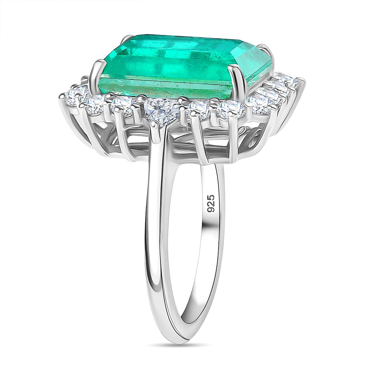 Emeraldine Triplet Quartz & White Zircon Solitaire Ring in Rhodium Overlay Sterling Silver 10.42 Ct.