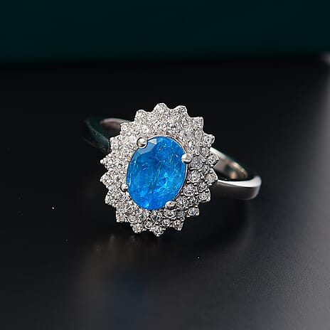 THE ELECTRIC JEWEL - Premium Neon Apatite & White Zircon Ring in Rhodium Overlay Sterling Silver 1.74 Ct.