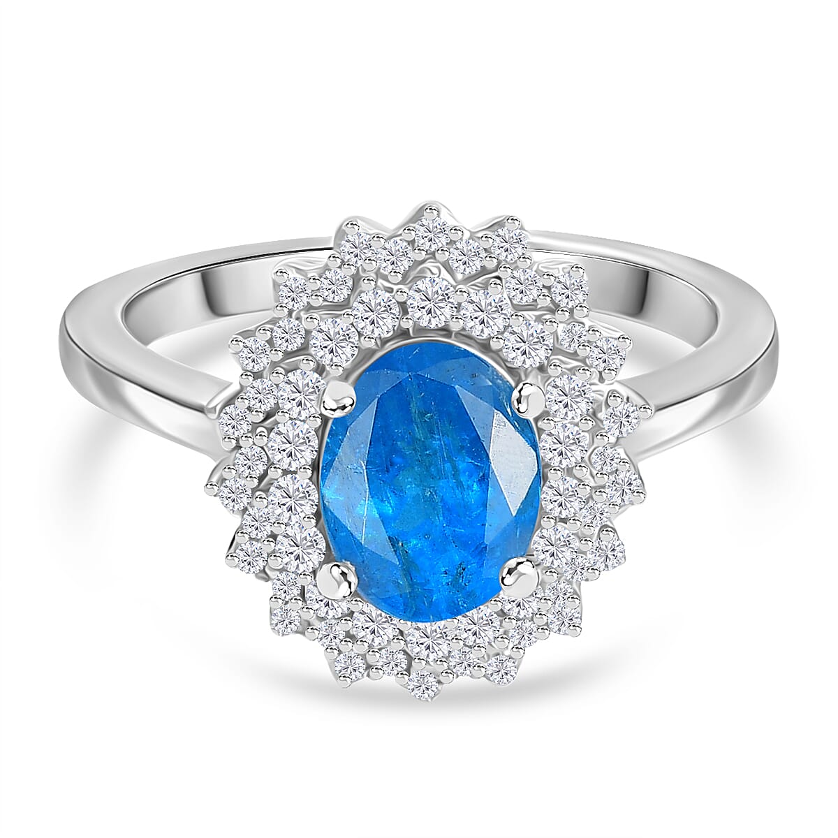 Premium Neon Apatite, White Zircon Halo Ring in Rhodium Overlay Sterling Silver 1.74 Cts.