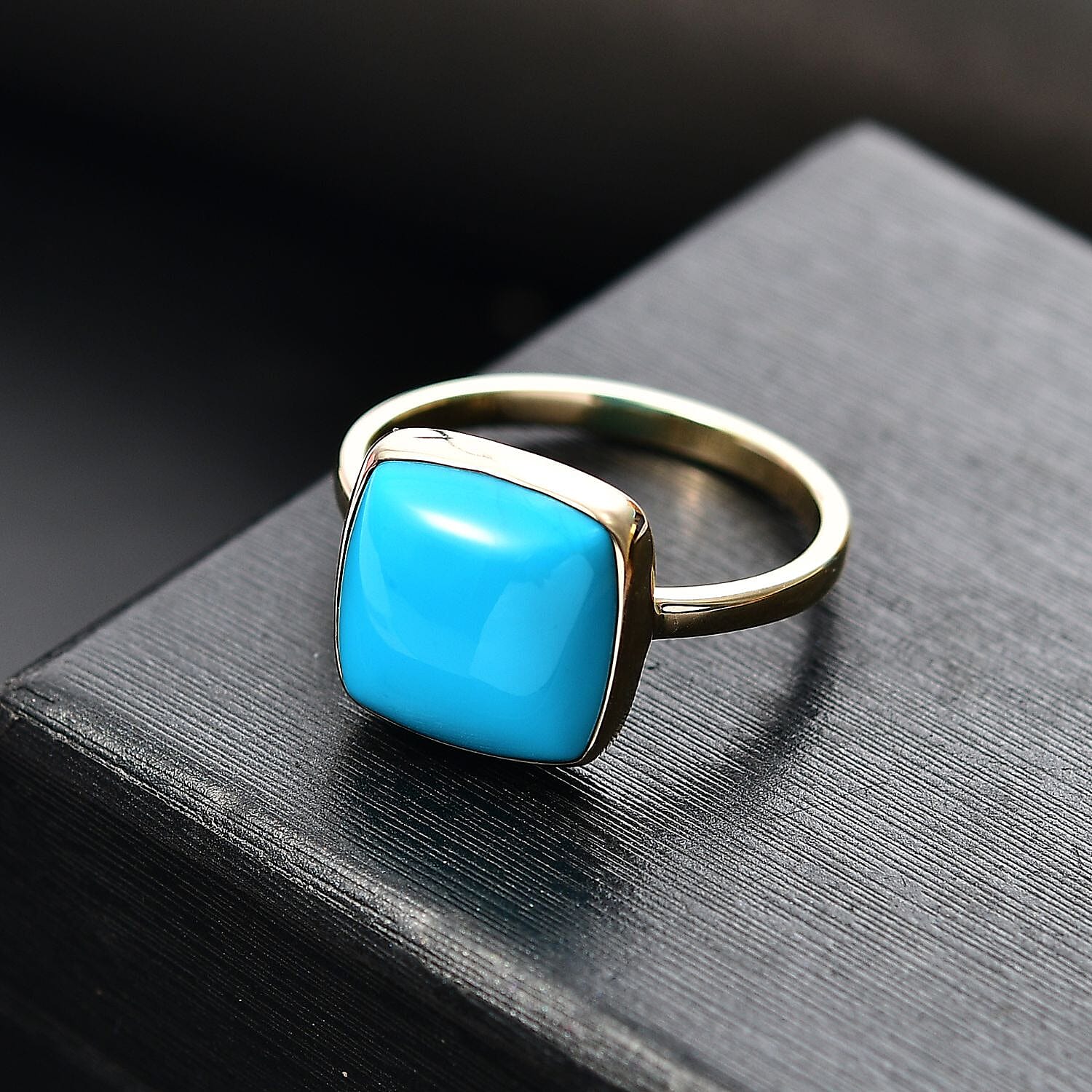 Tucson Show Preview Deal - 9K Yellow Gold Sleeping Beauty Turquoise (Cushion 12x12 mm) Solitaire Ring 5.70 Ct.