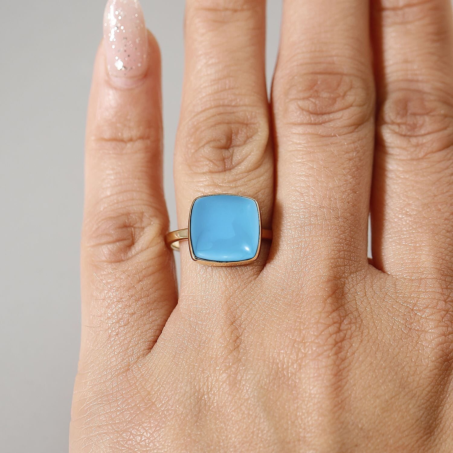Tucson Show Preview Deal - 9K Yellow Gold Sleeping Beauty Turquoise (Cushion 12x12 mm) Solitaire Ring 5.70 Ct.