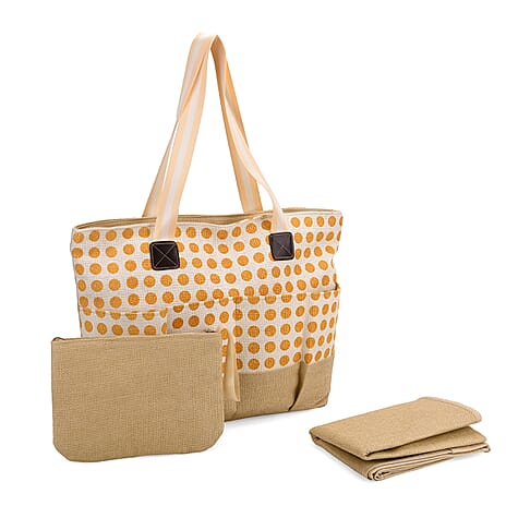 Set of 3- Polka Dot Pattern Tote Bag, Pouch & Picnic Mat - Yellow