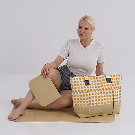 Set of 3- Polka Dot Pattern Tote Bag, Pouch & Picnic Mat - Yellow