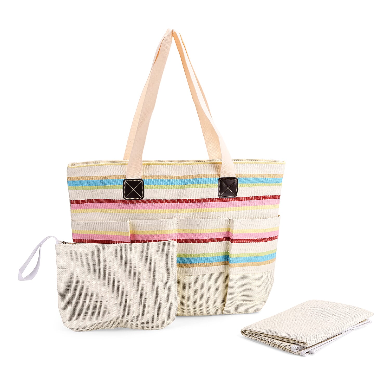 Set of 3- Fringe Color Striped Tote Bag, Pouch & Picnic Mat