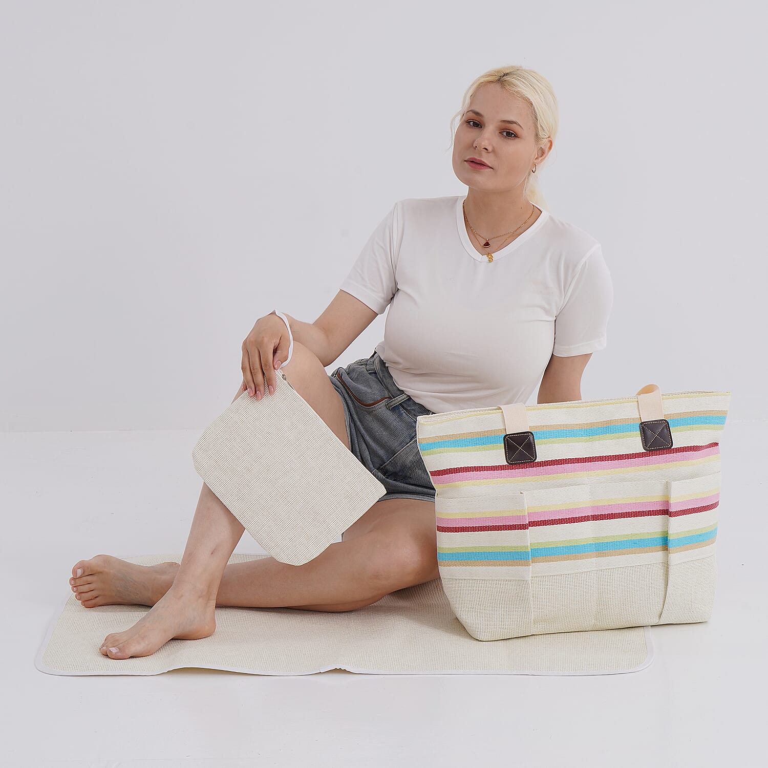 Set of 3- Fringe Color Striped Tote Bag, Pouch & Picnic Mat