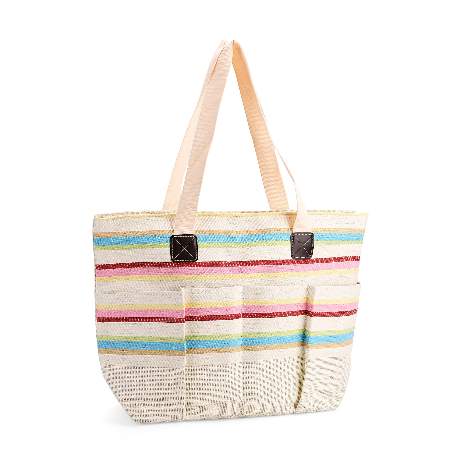 Set of 3- Fringe Color Striped Tote Bag, Pouch & Picnic Mat