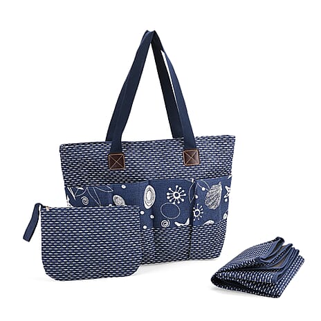 Set of 3- Ocean Patterned Tote Bag, Pouch & Picnic Mat - Blue