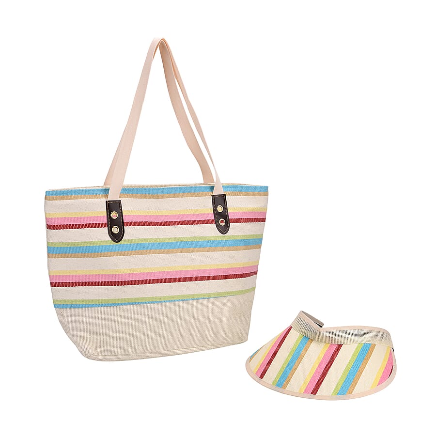 Set of 2- Multi-Color Striped Tote Bag - Sun Hat (Visor) - Beach - Travel Ready