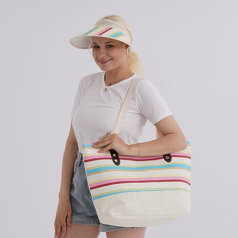 Set of 2- Multi-Color Striped Tote Bag - Sun Hat (Visor) - Beach - Travel Ready