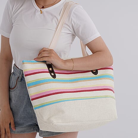Set of 2- Multi-Color Striped Tote Bag - Sun Hat (Visor) - Beach - Travel Ready
