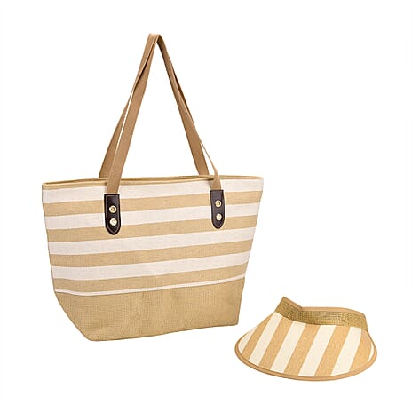 Set of 2- Yellow Striped Tote Bag & Sun Hat (Visor) - Beach & Travel Ready
