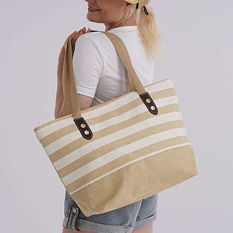 Set of 2- Yellow Striped Tote Bag & Sun Hat (Visor) - Beach & Travel Ready