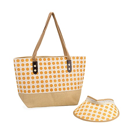 Set of 2- Polka Dots Pattern Tote Bag - Sun Hat (Visor) - Yellow - White