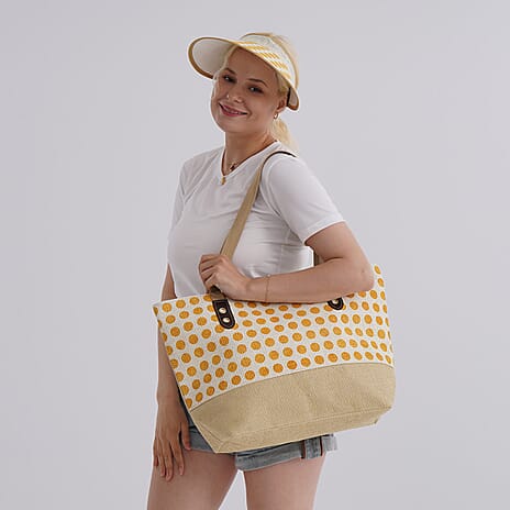 Set of 2- Polka Dots Pattern Tote Bag - Sun Hat (Visor) - Yellow - White
