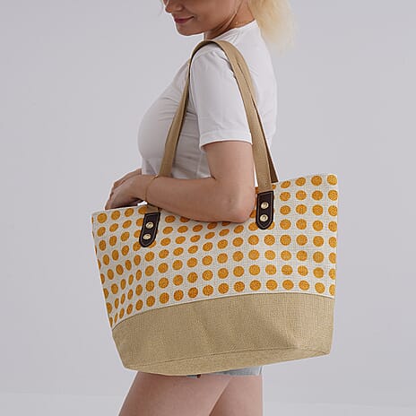Set of 2- Polka Dots Pattern Tote Bag - Sun Hat (Visor) - Yellow - White