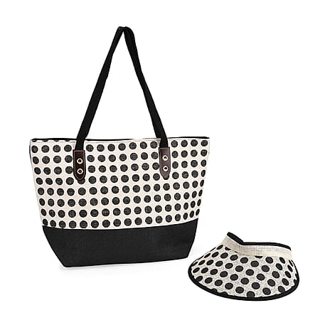 Set of 2- Polka Dots Pattern Tote Bag - Sun Hat (Visor) - Black - White