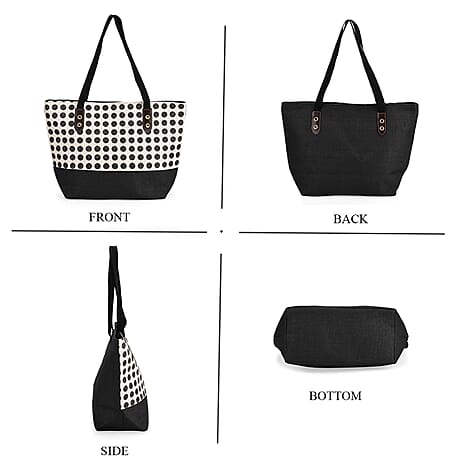 Set of 2- Polka Dots Pattern Tote Bag - Sun Hat (Visor) - Black - White