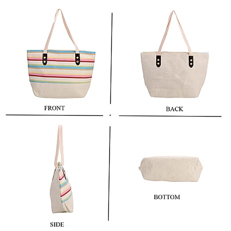 Set of 2- Blue Striped Pattern Tote Bag with Sun Hat (Visor) - Beach - Travel Ready