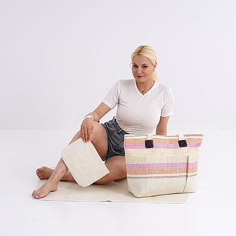 Set of 3- Fringe Color Striped Tote Bag, Pouch & Picnic Mat