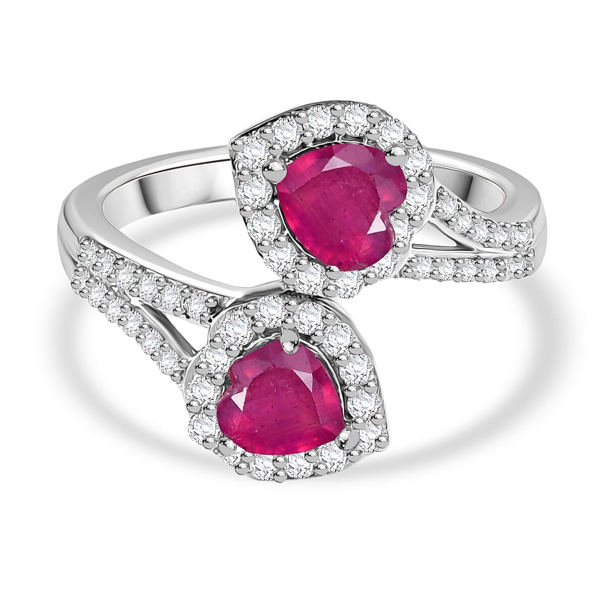 African Ruby & Moissanite Ring in Rhodium Overlay Sterling Silver 2.11 Ct.