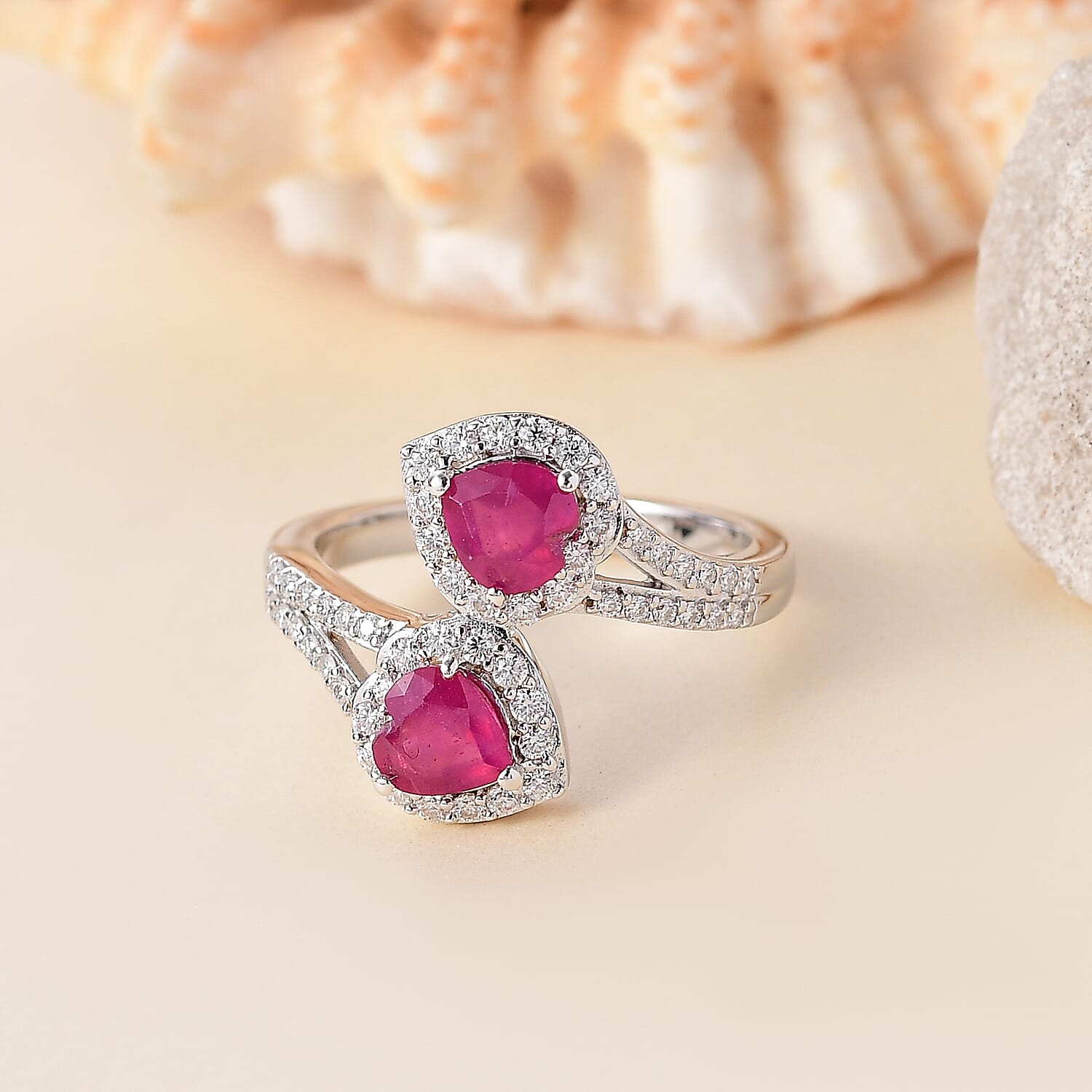 African Ruby & Moissanite Ring in Rhodium Overlay Sterling Silver 2.11 Ct.